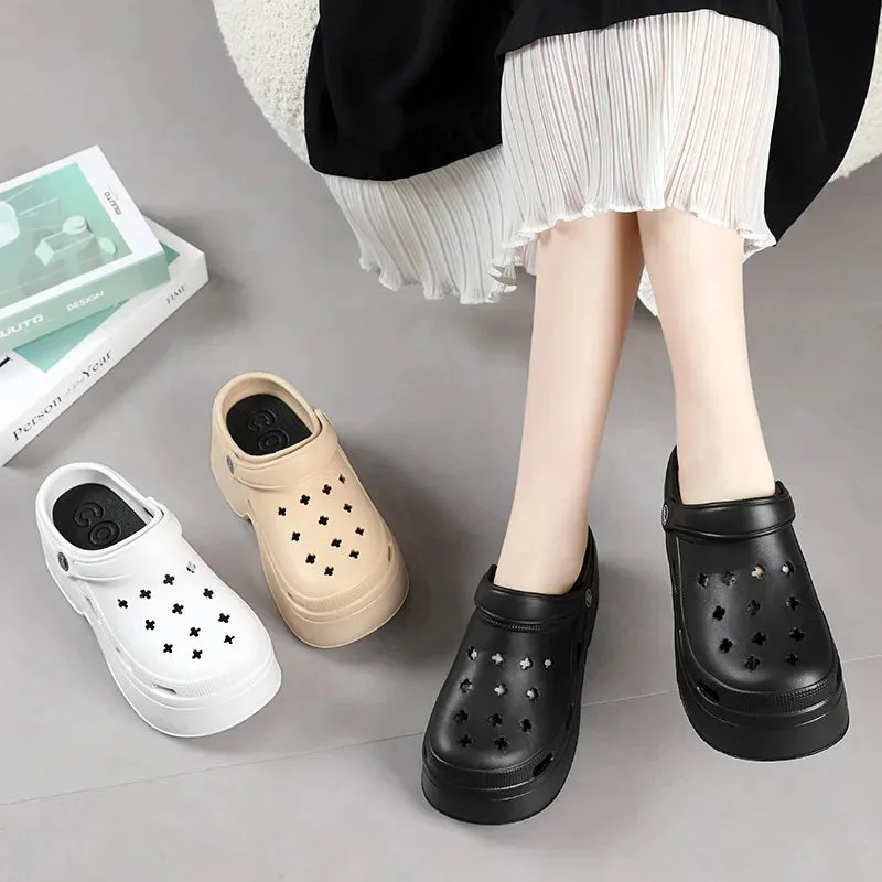 9CM Thick Women's Sandals 2024 New Summer Slippers High Heel Soft Sole Beach Garden Shoes Outdoor Waterproof Women's Hole Shoes