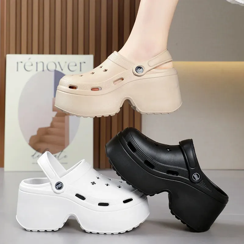 9CM Thick Women's Sandals 2024 New Summer Slippers High Heel Soft Sole Beach Garden Shoes Outdoor Waterproof Women's Hole Shoes