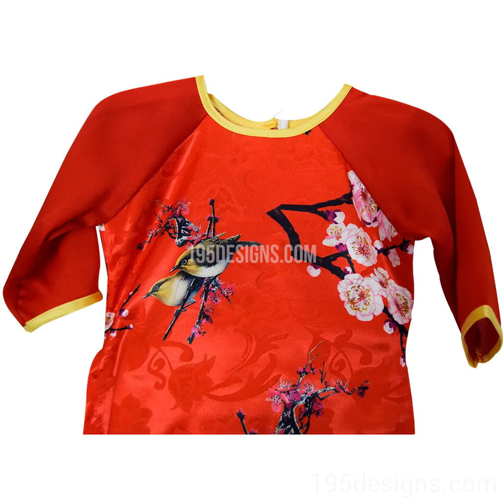 Ao Dai Baby Vietnamese Viet Nam Traditional Long Dress Kid Set - Red  Lunar New Year