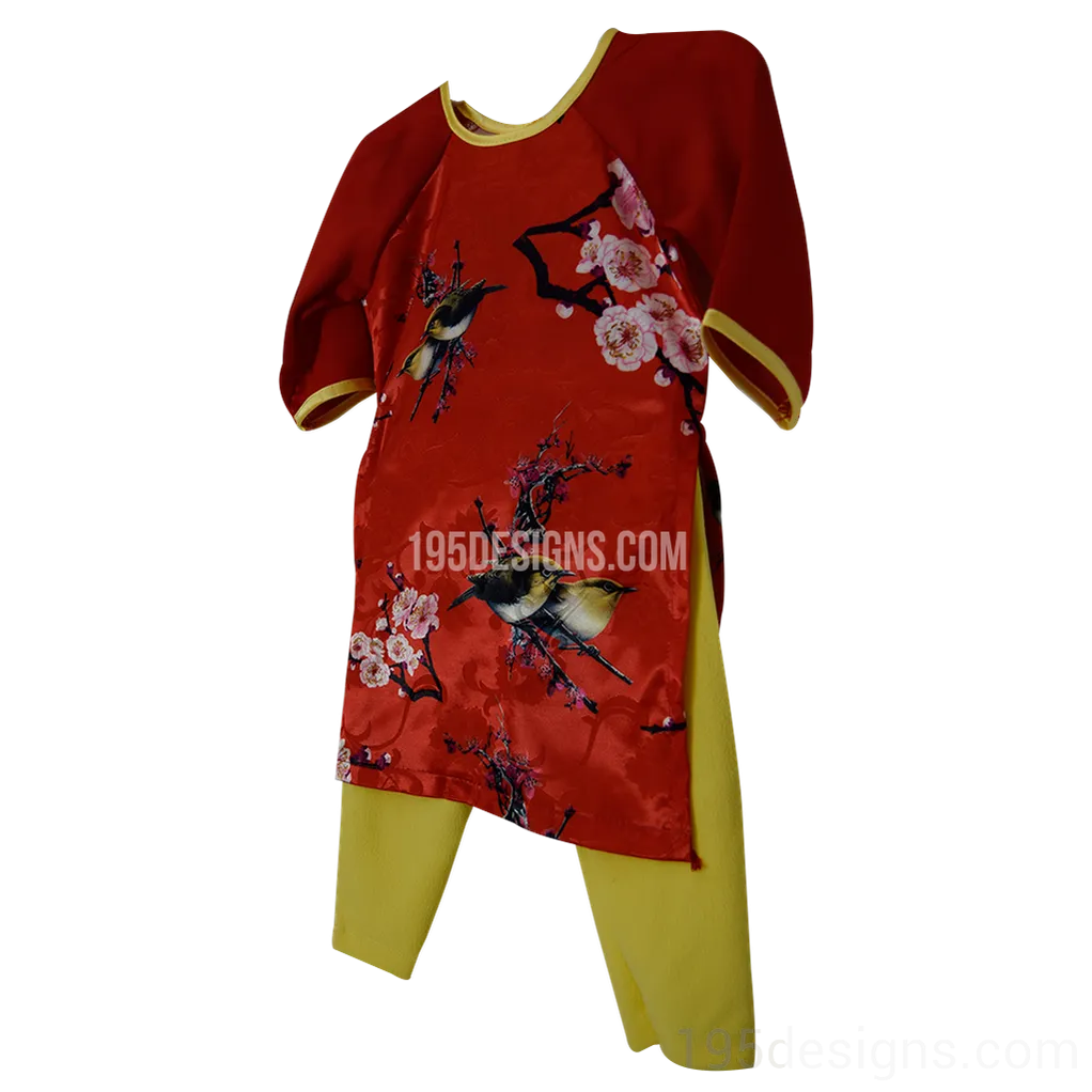 Ao Dai Baby Vietnamese Viet Nam Traditional Long Dress Kid Set - Red  Lunar New Year