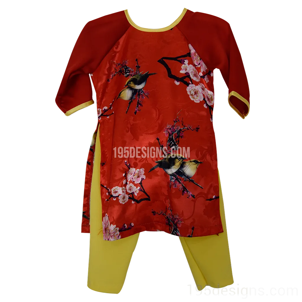 Ao Dai Baby Vietnamese Viet Nam Traditional Long Dress Kid Set - Red  Lunar New Year