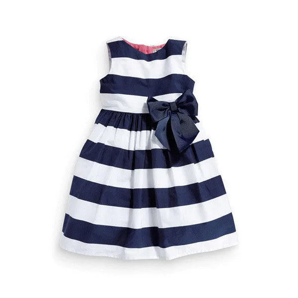 Baby Kid Girls One Piece Dress Blue White Striped Bow Summer Tutu Dress 1-5Y