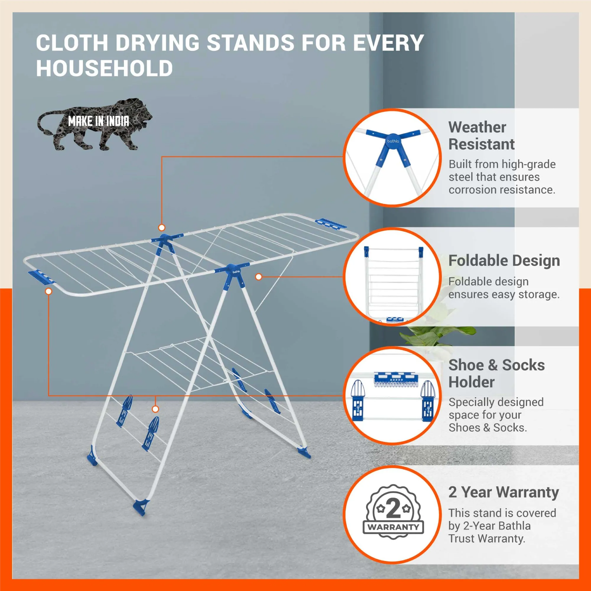 Bathla Mobidry Neo - Foldable Cloth Drying Stand For Home (Blue)