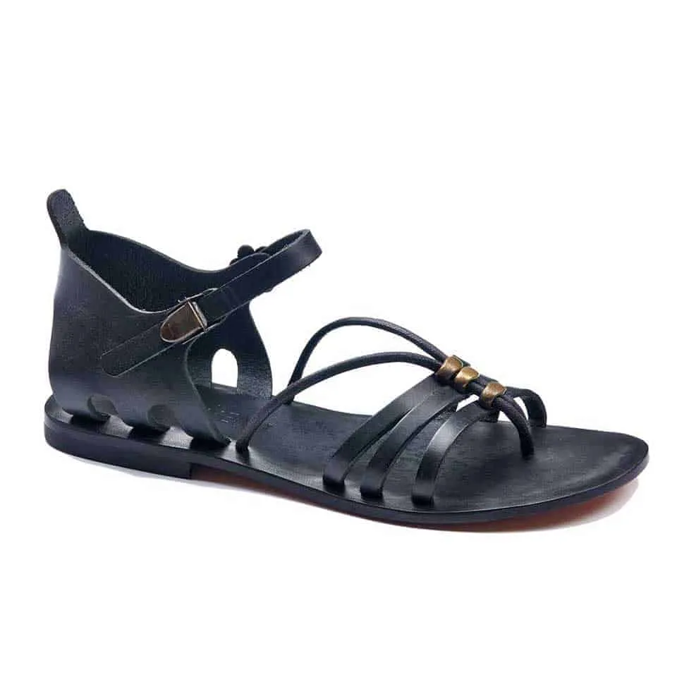 Black and Brown Leather Toe Loop Flat Sandals For Womens