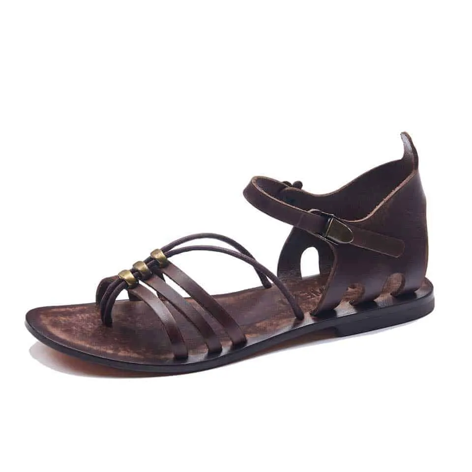 Black and Brown Leather Toe Loop Flat Sandals For Womens