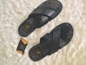 Black X strapped leather slippers -Black