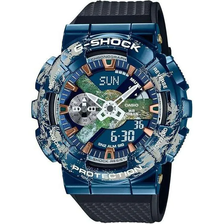 CASIO G-SHOCK EARTHLY MOTIF BLACK & BLUE ANALOG DIGITAL MEN WATCH GM-110EARTH-1AJR