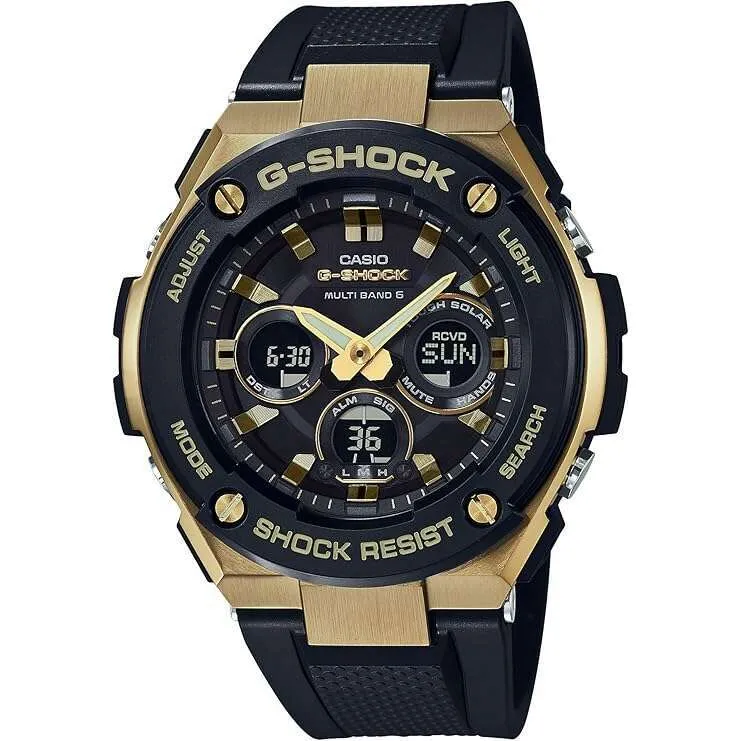 CASIO G-SHOCK G-STEEL RADIO SOLAR ANALOG DIGITAL DIAL BLACK & GOLD MEN WATCH GST-W300G-1A9JF