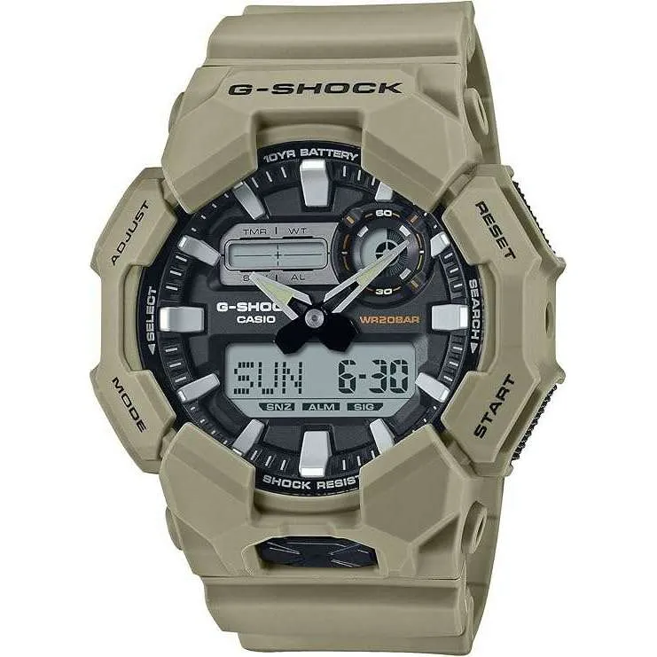 CASIO G-SHOCK LONGLIFE BATTERY DAY-DATE BEIGE RESIN STRAP GREY DIAL MEN WATCH GA-010-5AJF