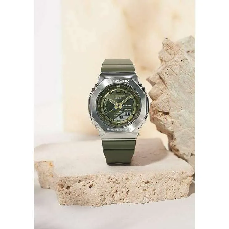 CASIO G-SHOCK METAL COVERED SILVER & KHAKI ANALOG DIGITAL LADIES WATCH GM-S2100-3AJF