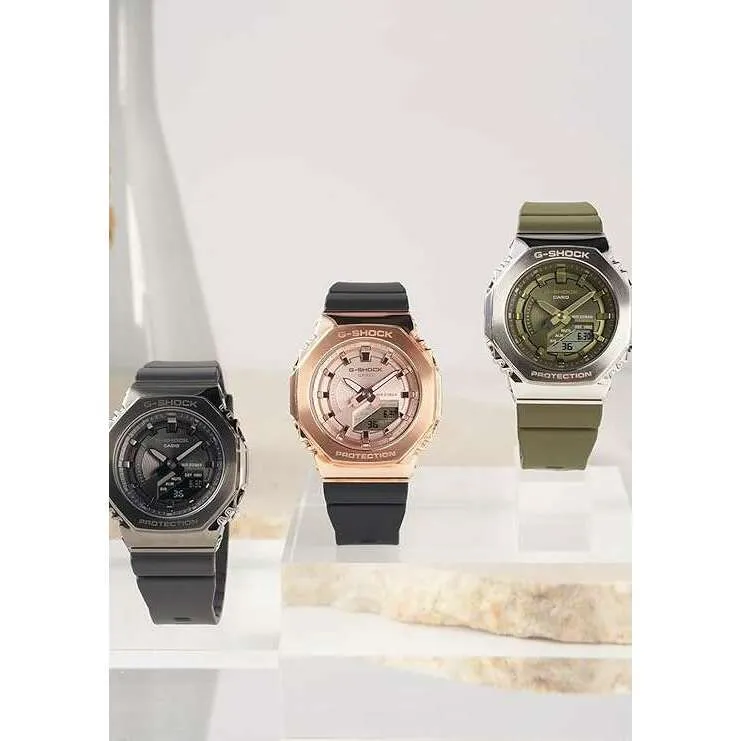 CASIO G-SHOCK METAL COVERED SILVER & KHAKI ANALOG DIGITAL LADIES WATCH GM-S2100-3AJF