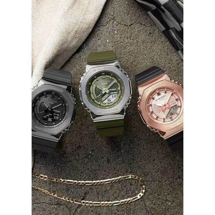 CASIO G-SHOCK METAL COVERED SILVER & KHAKI ANALOG DIGITAL LADIES WATCH GM-S2100-3AJF