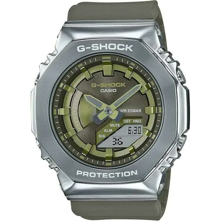 CASIO G-SHOCK METAL COVERED SILVER & KHAKI ANALOG DIGITAL LADIES WATCH GM-S2100-3AJF