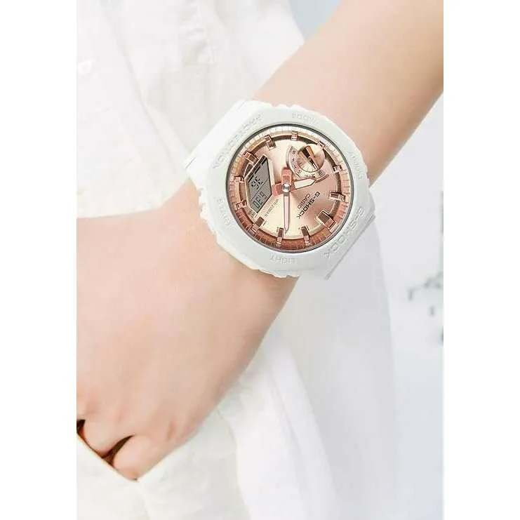 CASIO G-SHOCK MID-SIZE MODEL WHITE STRAP PINK GOLD DIAL LADIES WATCH GMA-S2100MD-7AJF