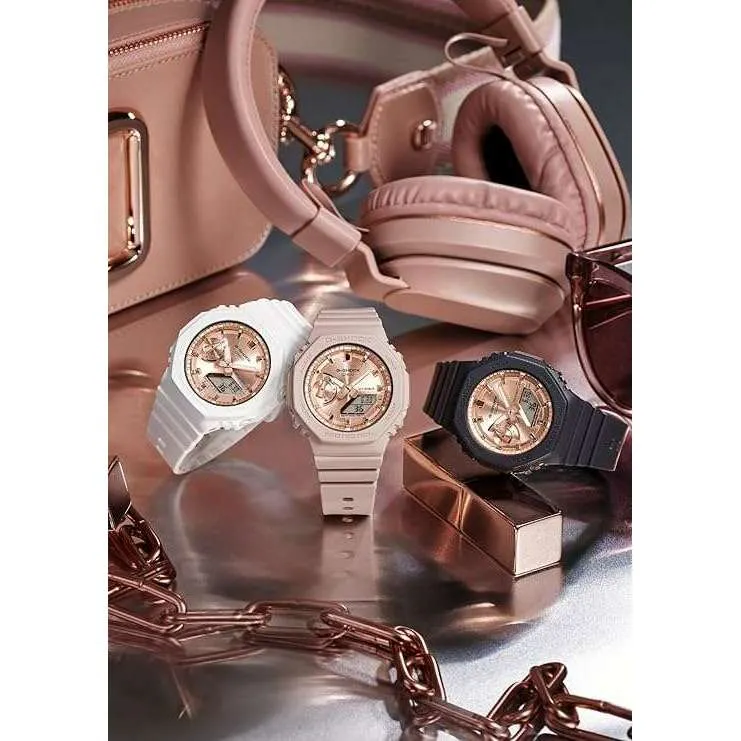 CASIO G-SHOCK MID-SIZE MODEL WHITE STRAP PINK GOLD DIAL LADIES WATCH GMA-S2100MD-7AJF