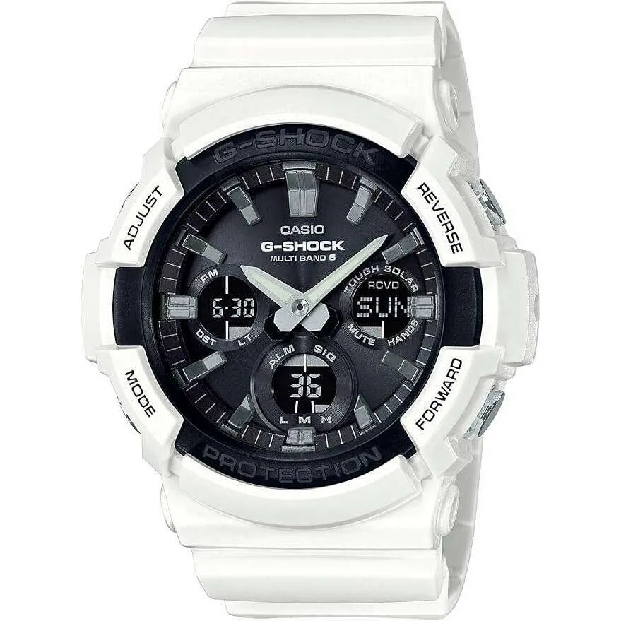 CASIO G-SHOCK RADIO SOLAR ANALOG DIGITAL BLACK DIAL WHITE STRAP MEN WATCH GAW-100B-7AJF