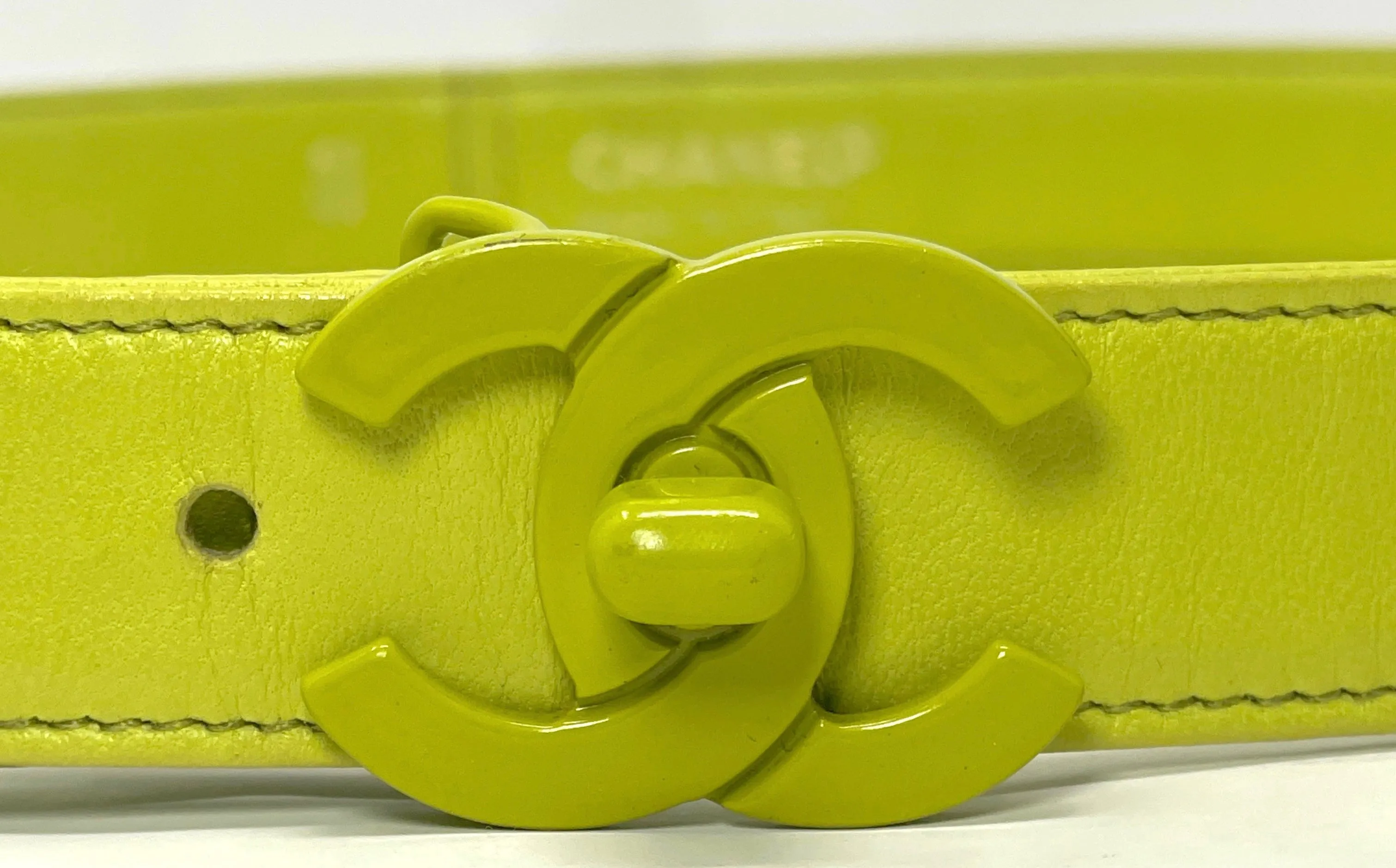 Chanel Chartreuse Kid Leather Belt  with Turnlock Logo Buckle, 26 -28 W