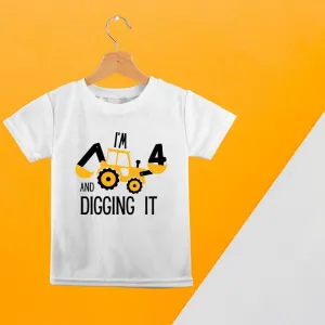 Construction Theme - I am 4 & Digging it Fourth Birthday T-Shirt for Kids