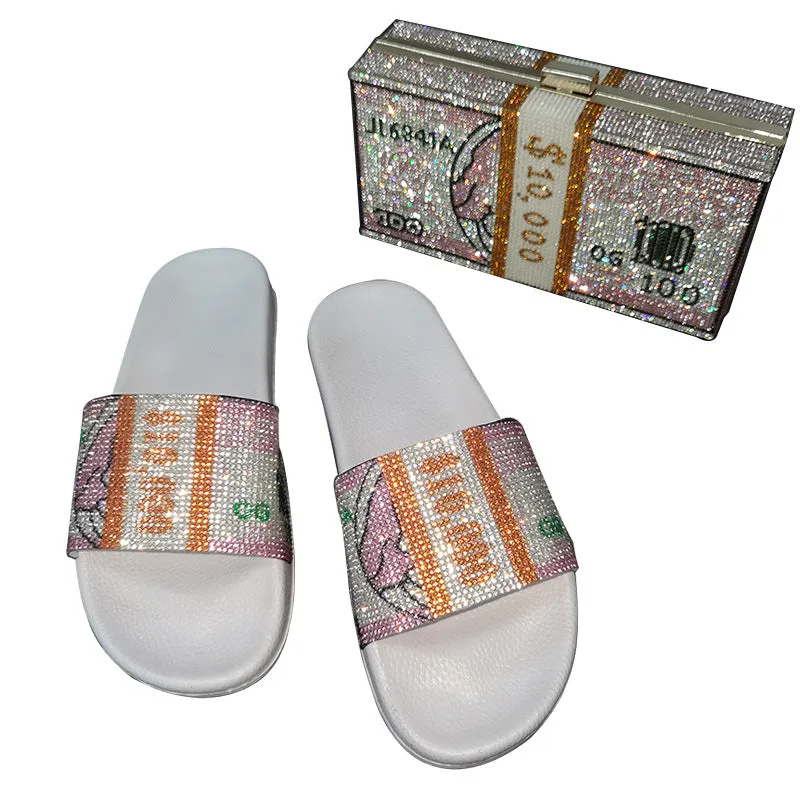 European and American Rhinestone Dollar Slippers Women's Summer Wear Fashion All-match Sandals