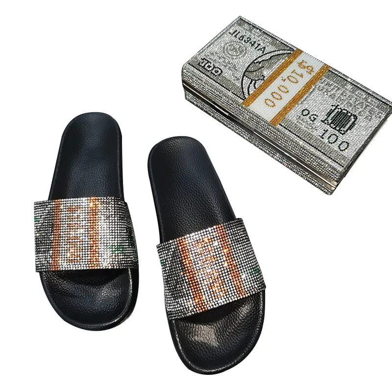 European and American Rhinestone Dollar Slippers Women's Summer Wear Fashion All-match Sandals