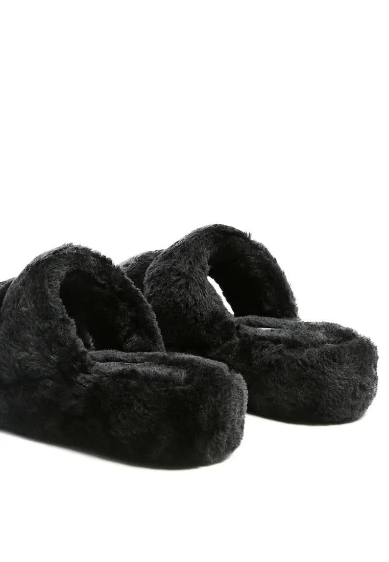 Fur Sandal Slippers Black