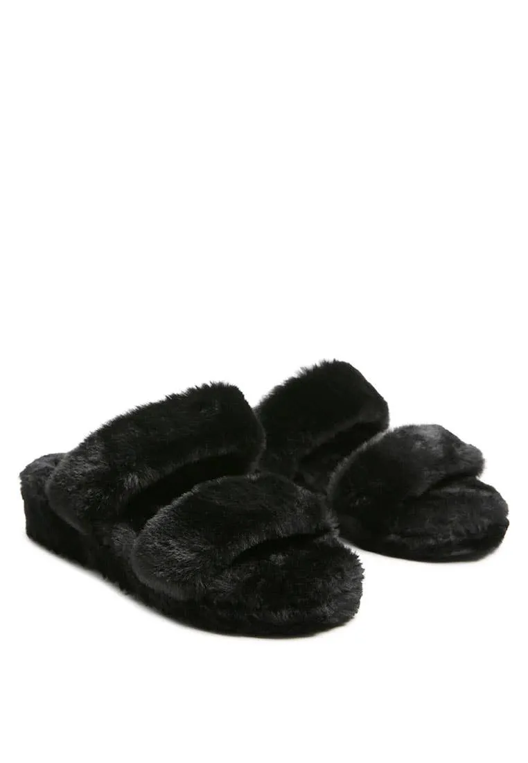 Fur Sandal Slippers Black