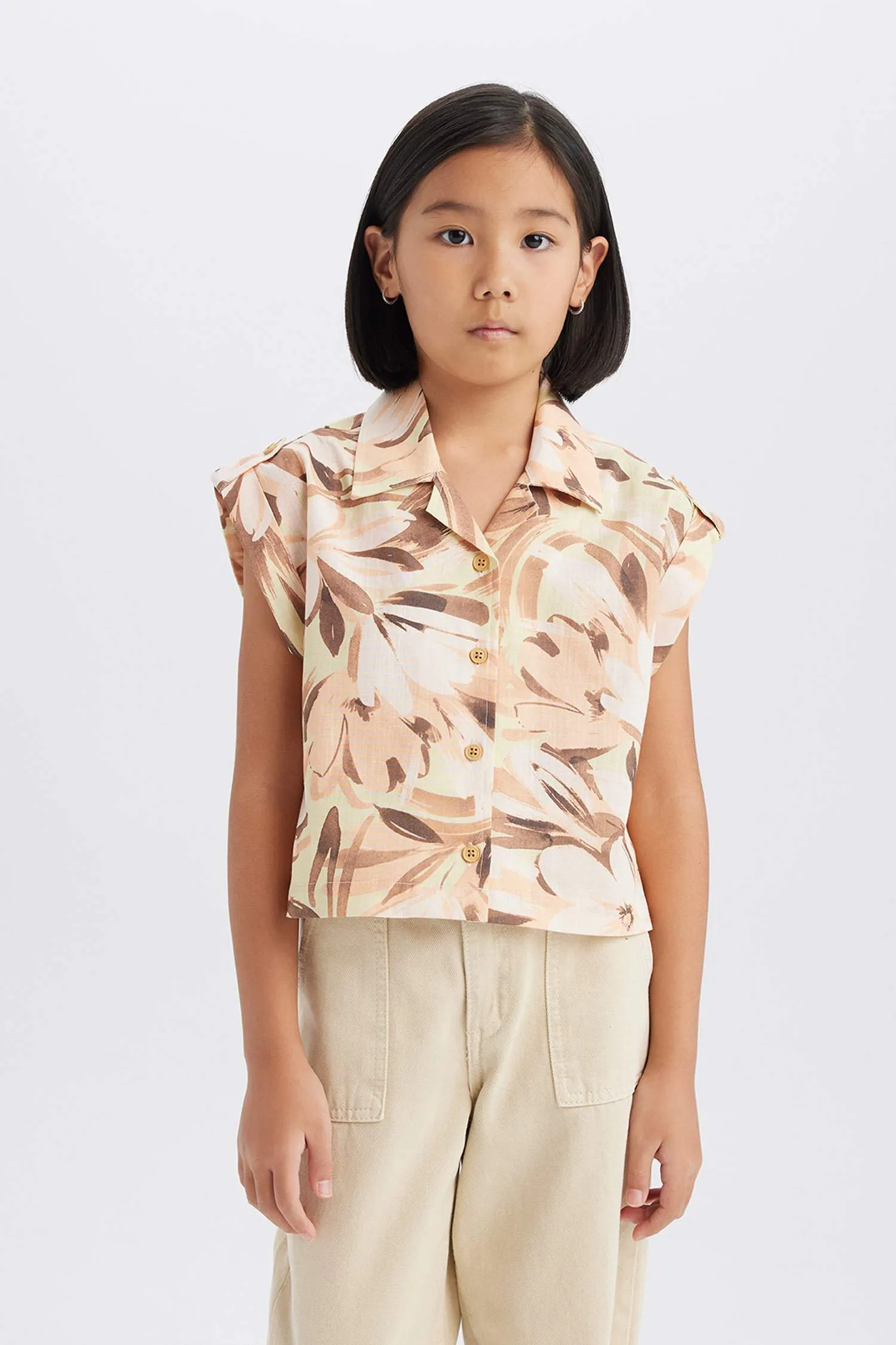 Girl Crop Patterned Cotton Short Sleeve Shirt