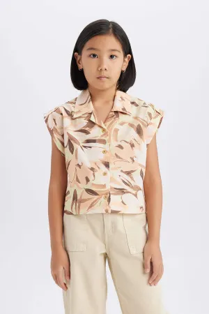 Girl Crop Patterned Cotton Short Sleeve Shirt