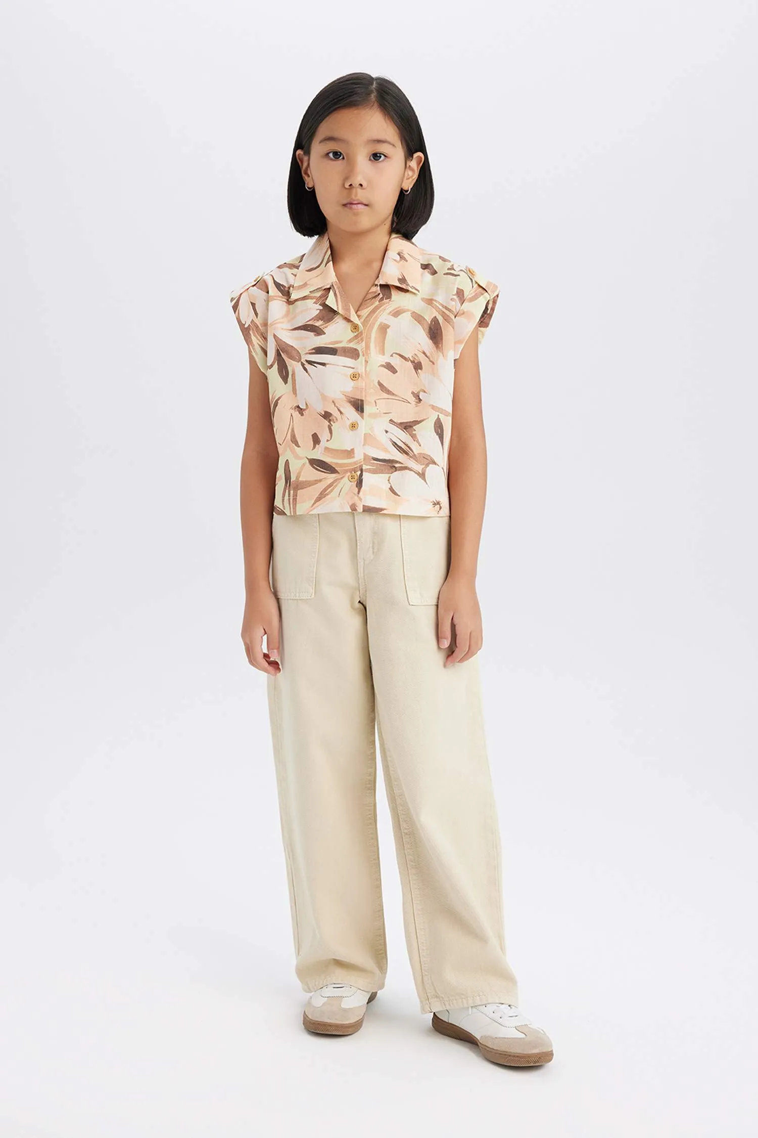 Girl Crop Patterned Cotton Short Sleeve Shirt