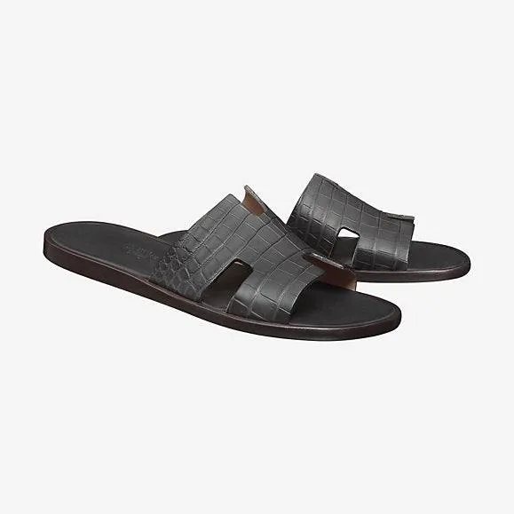 Hermes Izmir Men's Croc Leather Sandals Black