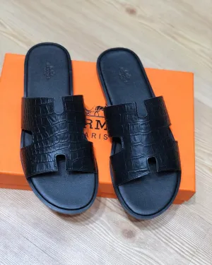 Hermes Izmir Men's Croc Leather Sandals Black