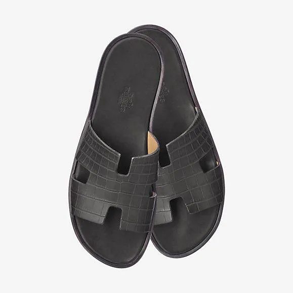 Hermes Izmir Men's Croc Leather Sandals Black
