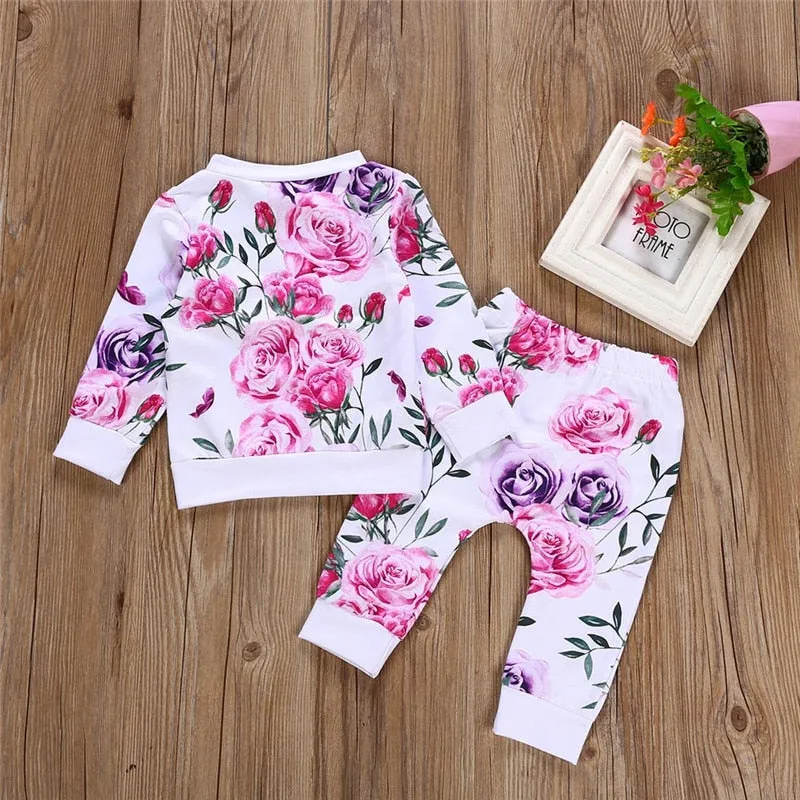 kid autumn suit Clothes Floral full sleeve O-Neck T shirt Tops Pants 2PCS Outfits