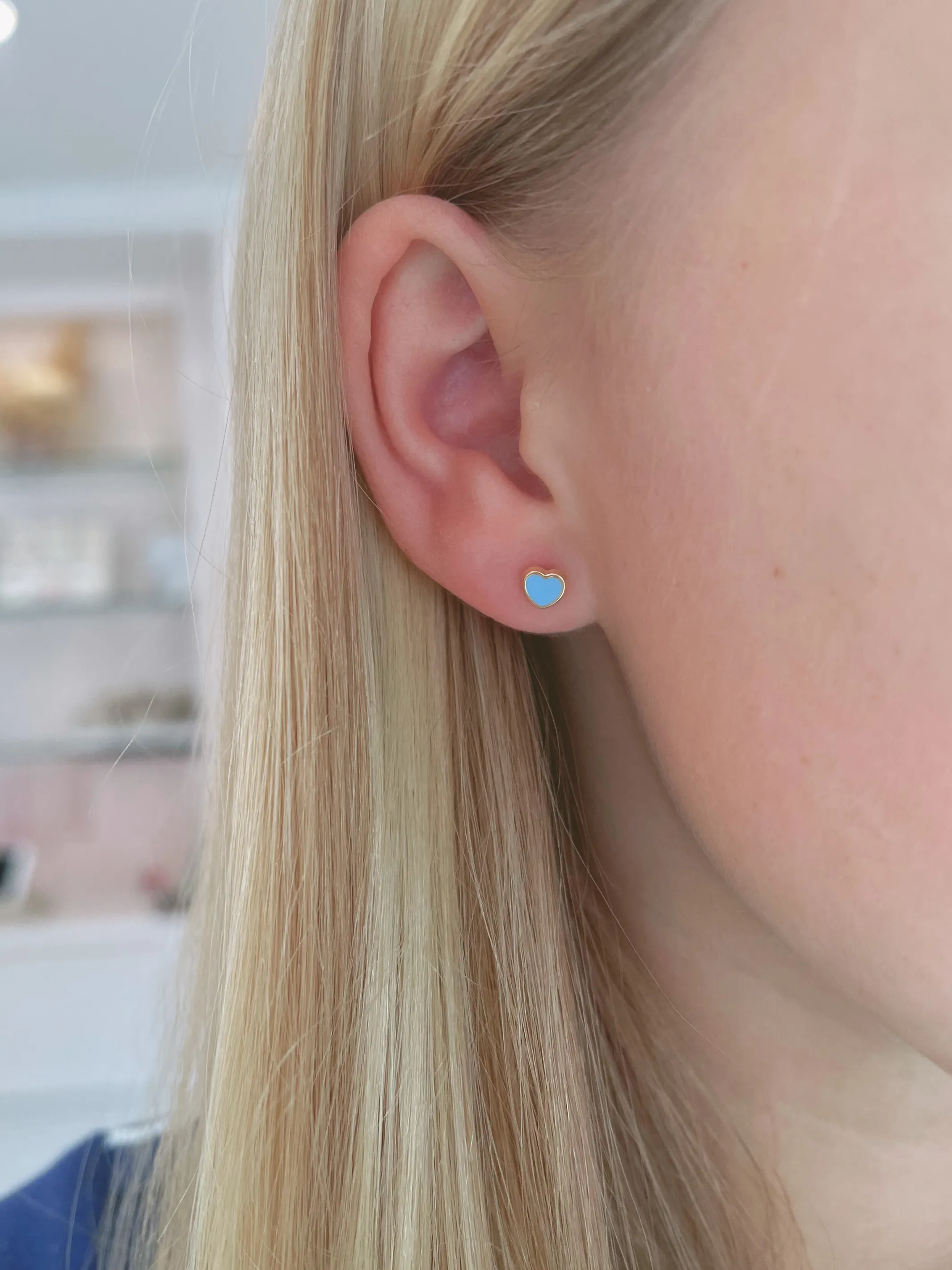 Kid Enamel Heart Stud Earrings 14K