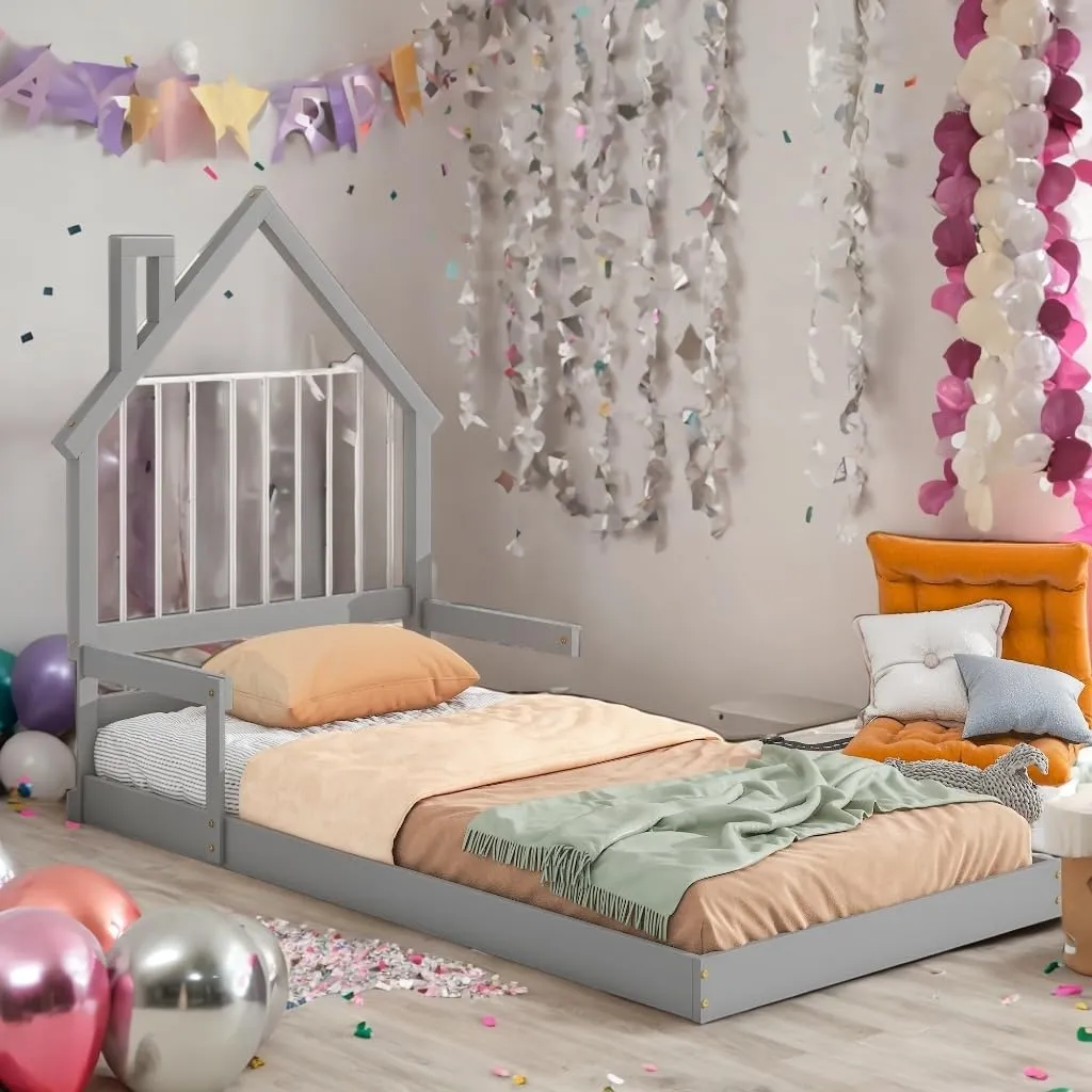 Kid-Friendly Design Twin Size Bed Kids House-Shaped Grey id-Century
