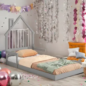 Kid-Friendly Design Twin Size Bed Kids House-Shaped Grey id-Century