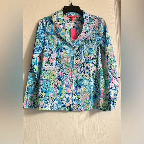 Lilly Pulitzer Lilly’s House Long Sleeve Cotton Green Pajama Shirt Women XXS NWT