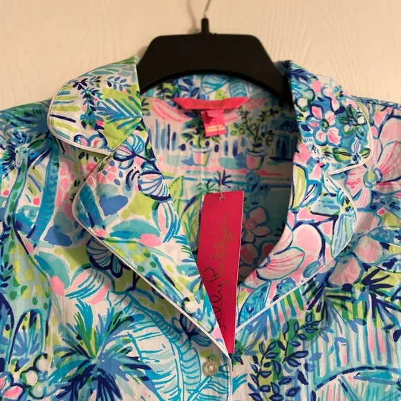 Lilly Pulitzer Lilly’s House Long Sleeve Cotton Green Pajama Shirt Women XXS NWT