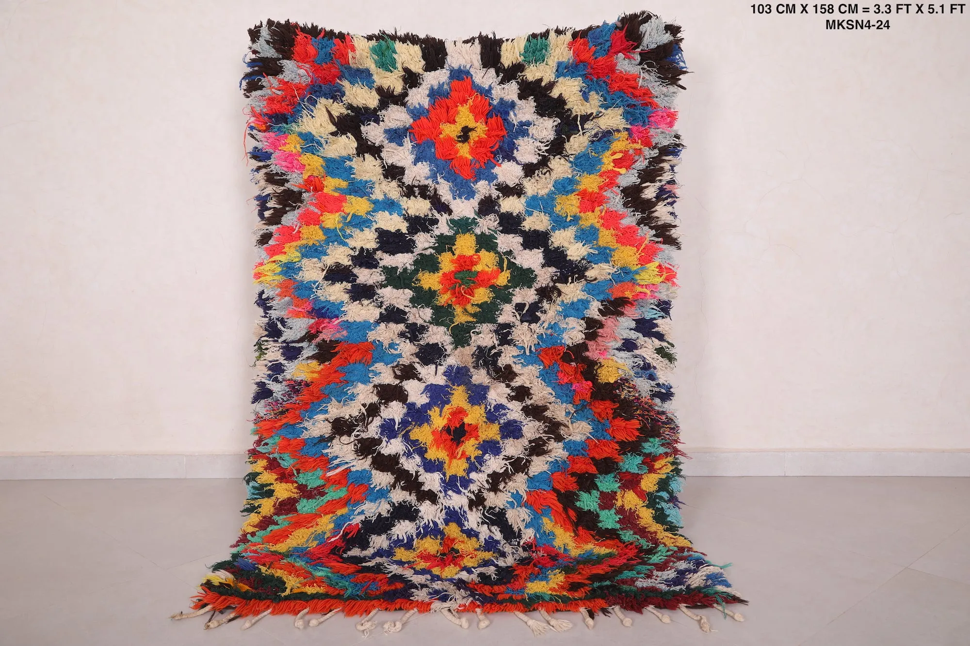 Moroccan Rug 3.3 x 5.1 Feet - Colorful Boucherouite Design