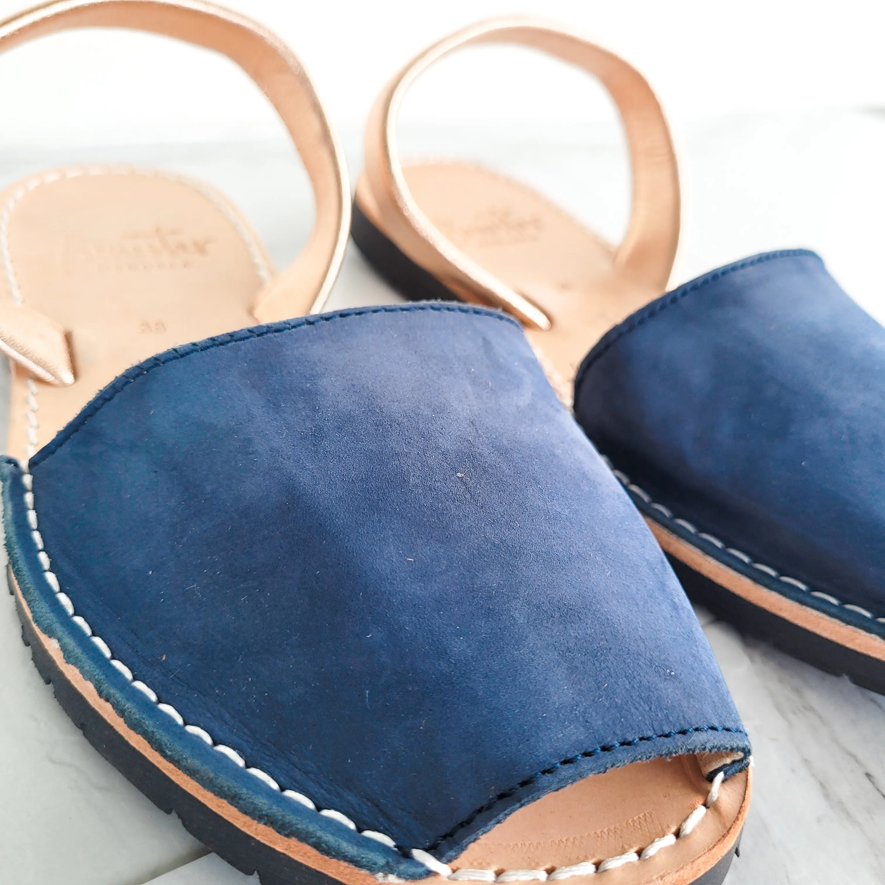 Navy Nubuck & Rose Gold Avarca Sandals