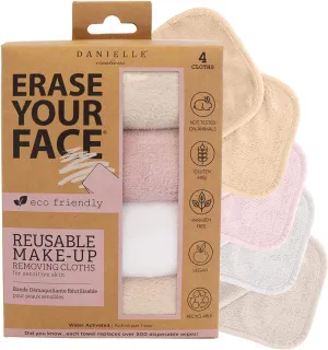 New ERASE YOUR FACE Face Reusable Makeup Removing Cloths With Friendly Packaging By Danielle Enterprises 4 pack, ECO, 1 Count