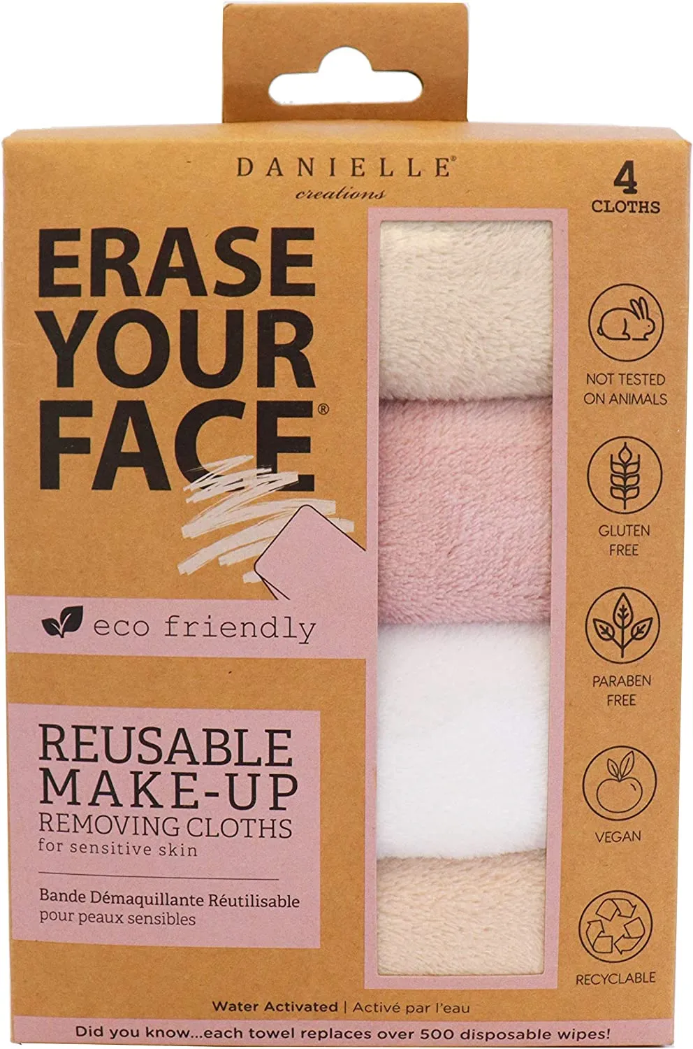 New ERASE YOUR FACE Face Reusable Makeup Removing Cloths With Friendly Packaging By Danielle Enterprises 4 pack, ECO, 1 Count