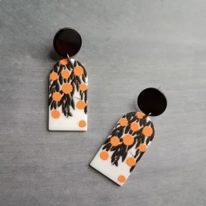 Orange Fruit Earrings, thick acrylic earring, large earring, chunky plastic earring, 80s earring, oranges earring, matte black leaves, tree