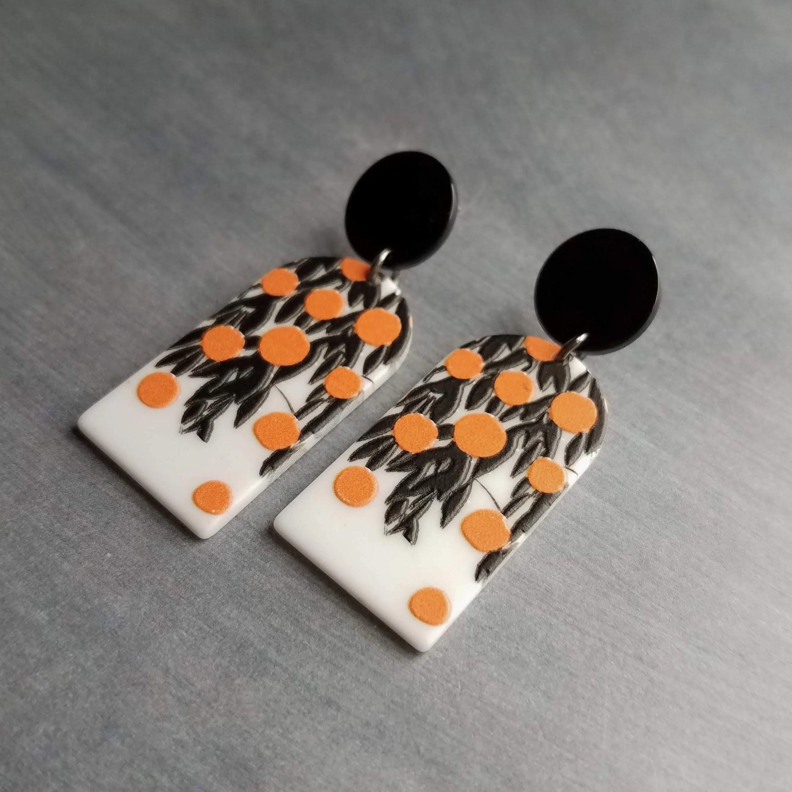 Orange Fruit Earrings, thick acrylic earring, large earring, chunky plastic earring, 80s earring, oranges earring, matte black leaves, tree