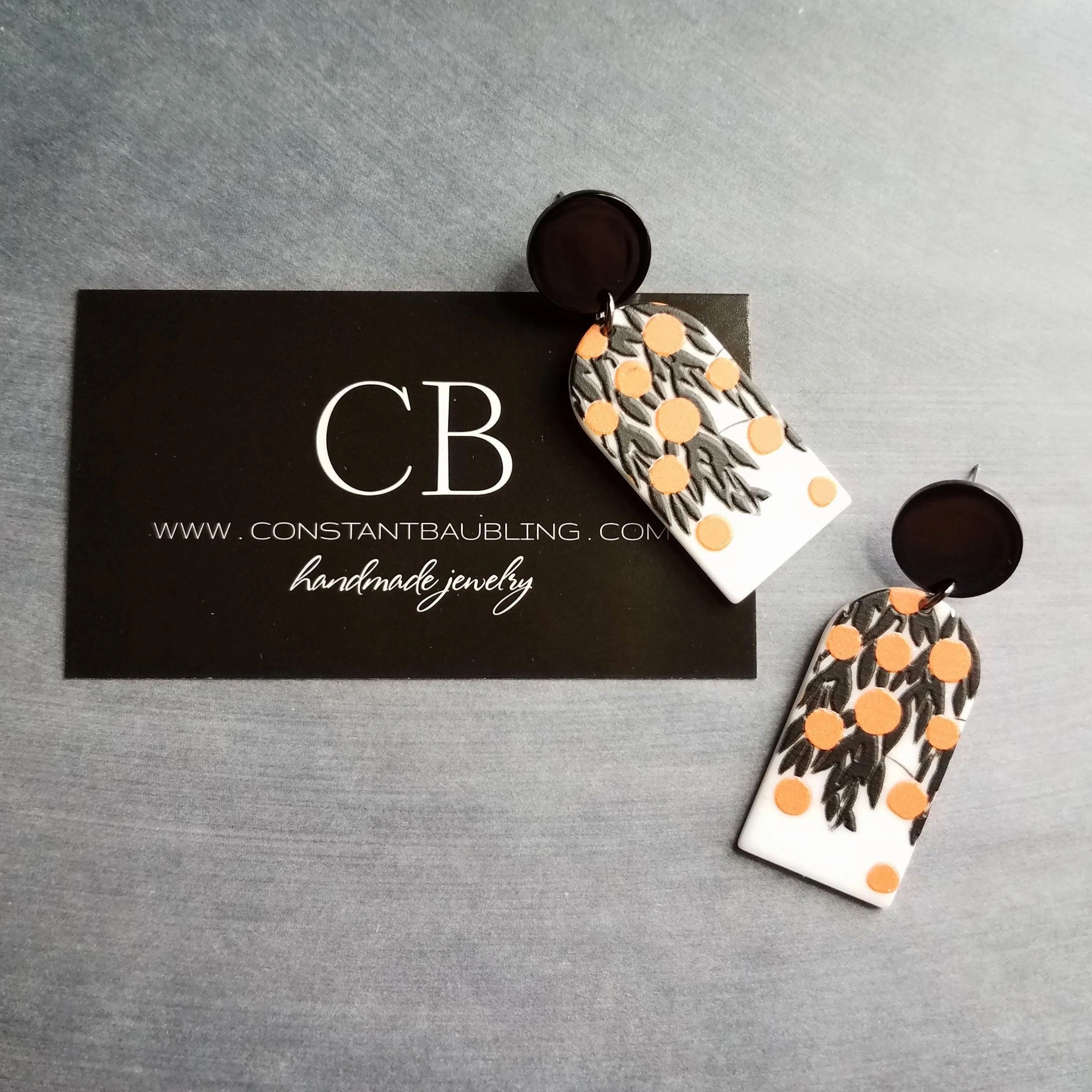 Orange Fruit Earrings, thick acrylic earring, large earring, chunky plastic earring, 80s earring, oranges earring, matte black leaves, tree