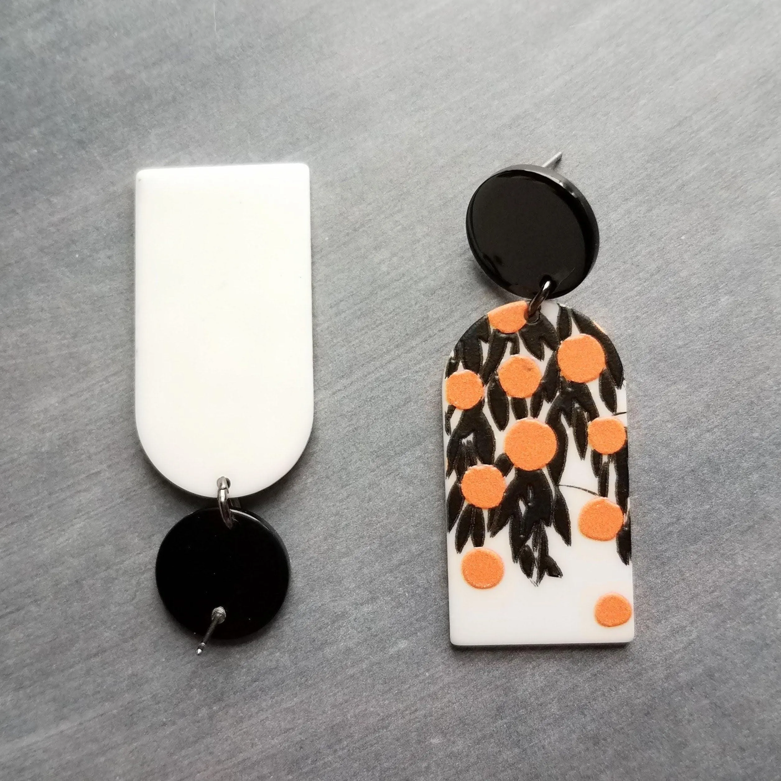 Orange Fruit Earrings, thick acrylic earring, large earring, chunky plastic earring, 80s earring, oranges earring, matte black leaves, tree