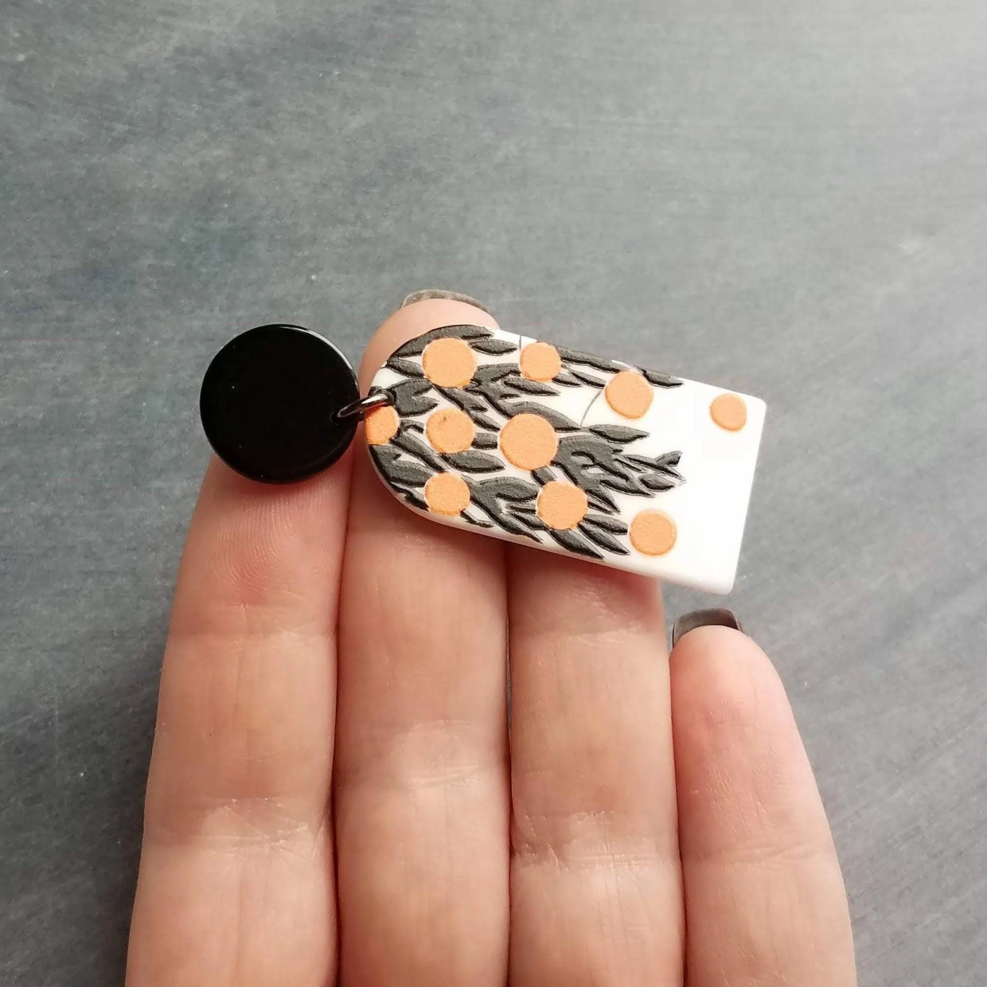 Orange Fruit Earrings, thick acrylic earring, large earring, chunky plastic earring, 80s earring, oranges earring, matte black leaves, tree
