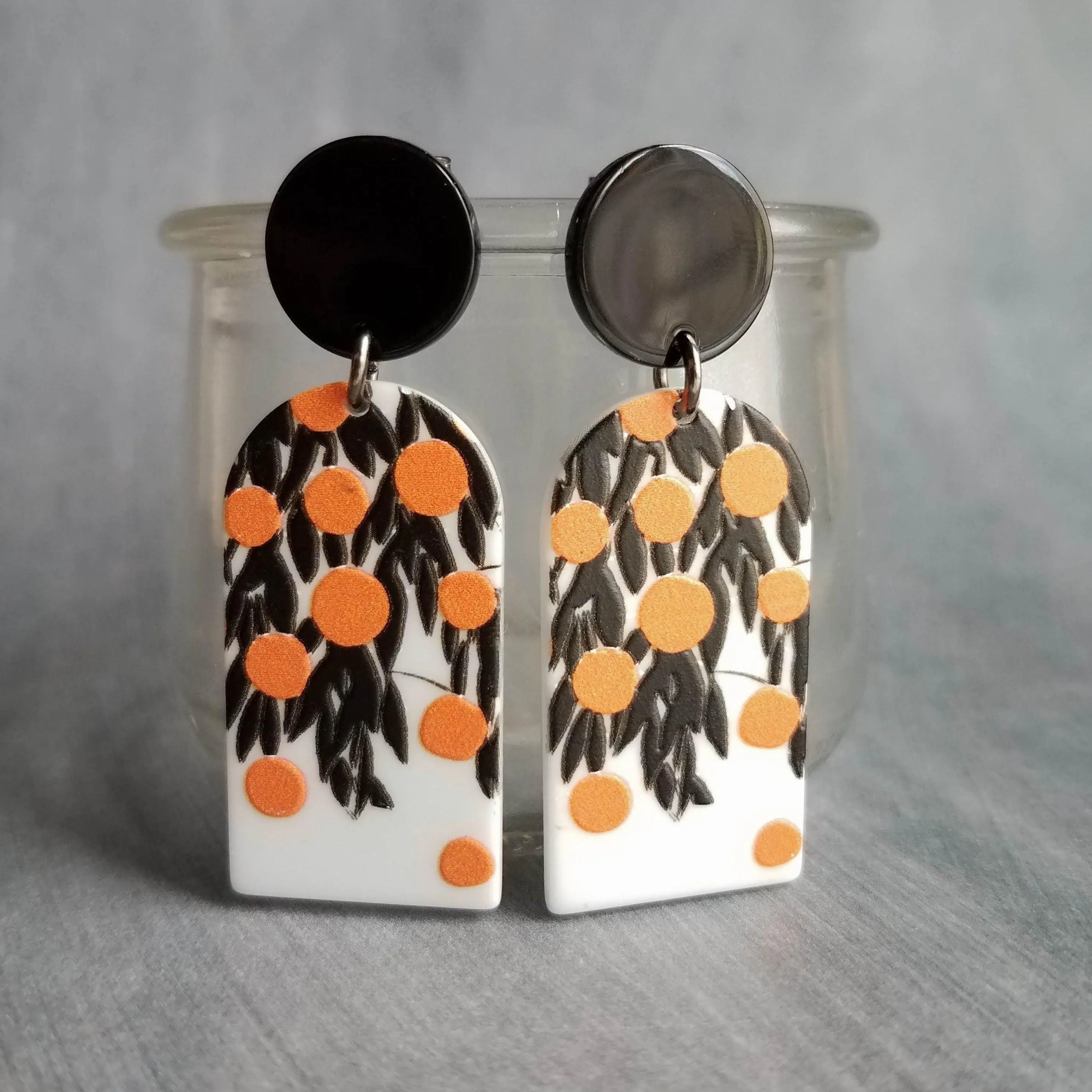 Orange Fruit Earrings, thick acrylic earring, large earring, chunky plastic earring, 80s earring, oranges earring, matte black leaves, tree