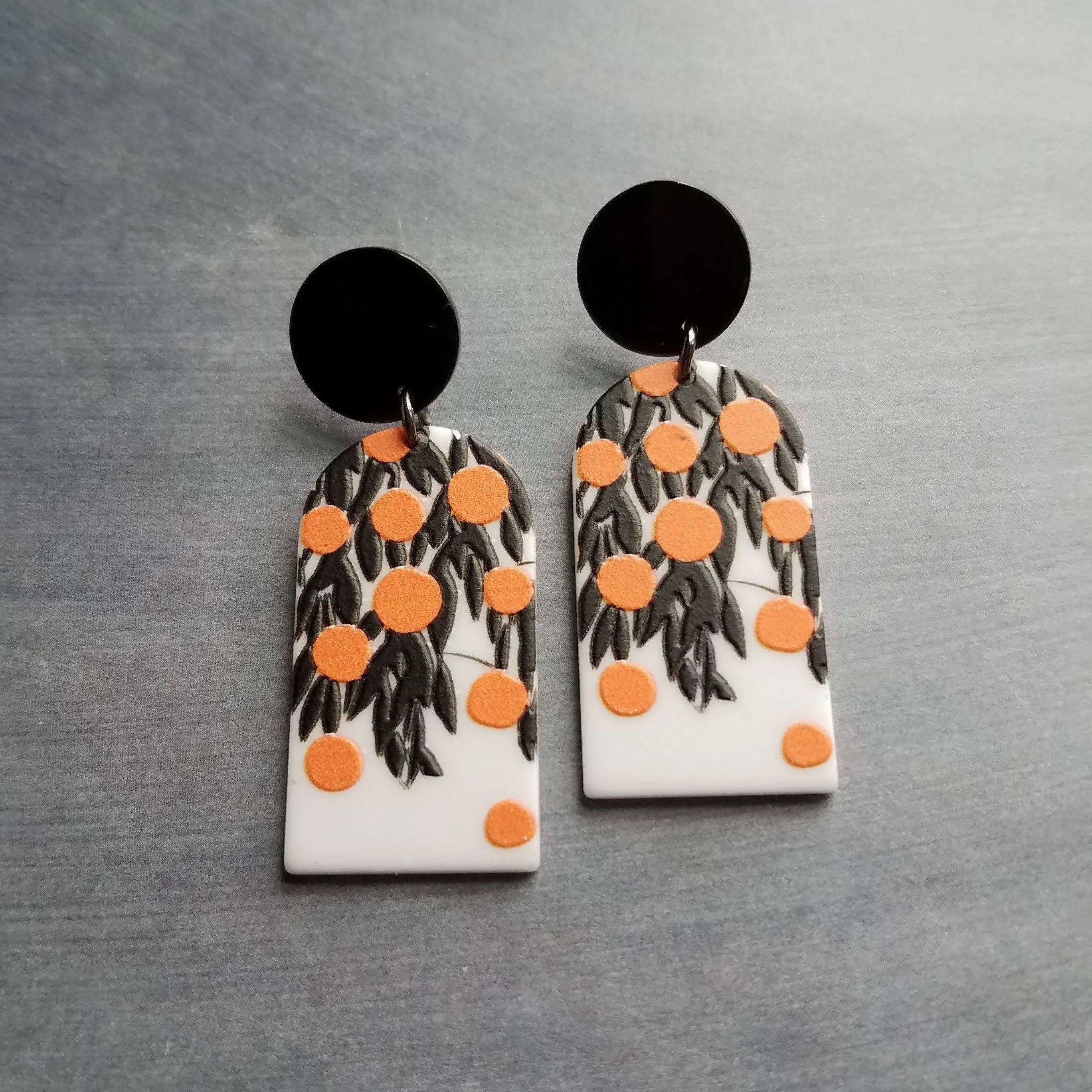 Orange Fruit Earrings, thick acrylic earring, large earring, chunky plastic earring, 80s earring, oranges earring, matte black leaves, tree