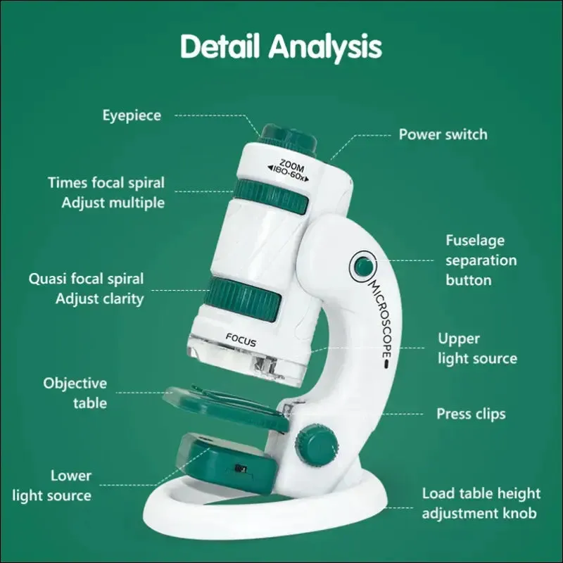 Pocket microscope toy kit - 60-120x educational mini handheld microscope with light - stem science